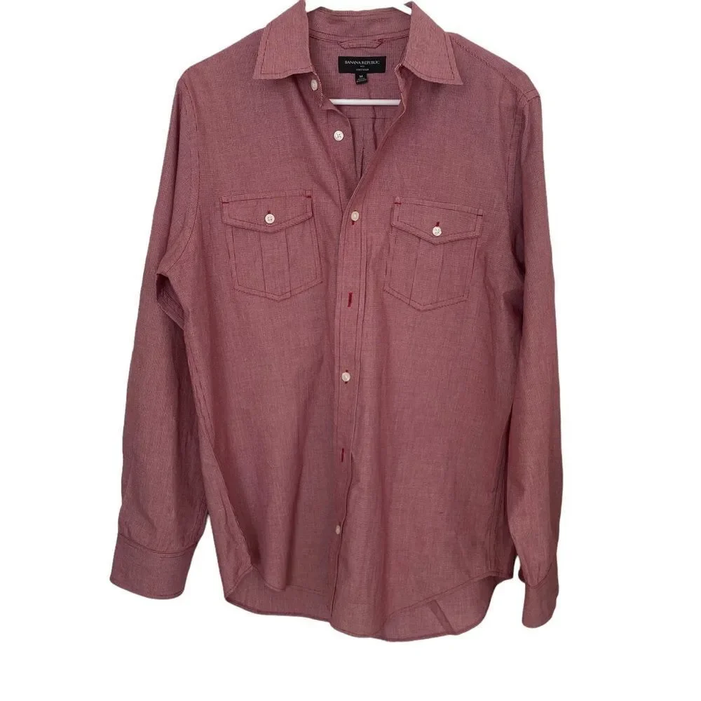 Banana Republic Soft Wash Red & Stripe Long Sleeve Button Down Shirt Sz M‎